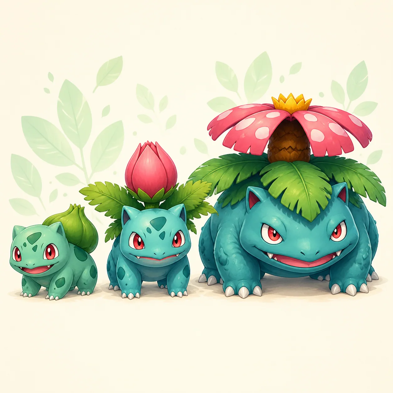 Bulbasaur, Ivysaur, and Venusaur growing together